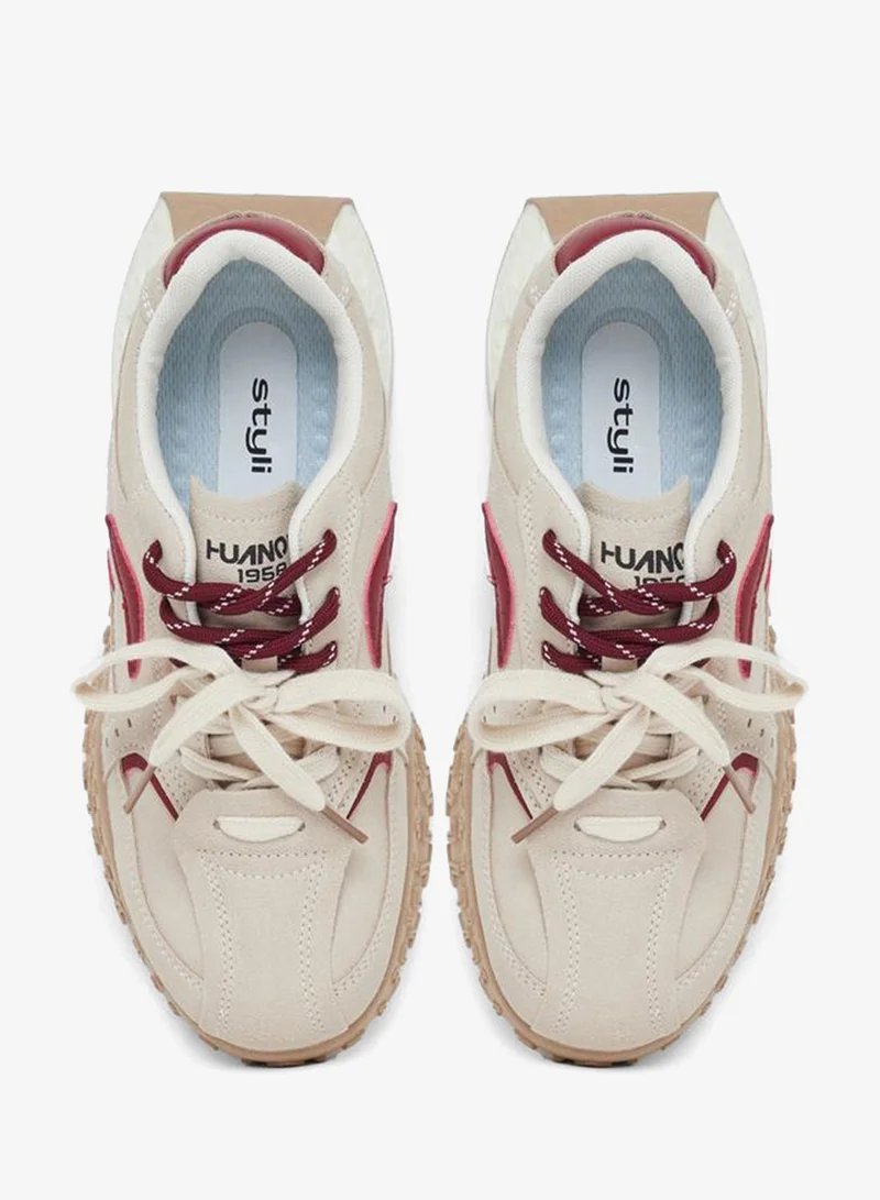 Styli Active Beige Women Contrast Panel Lace Up Sneakers for Women | Best Price UAE