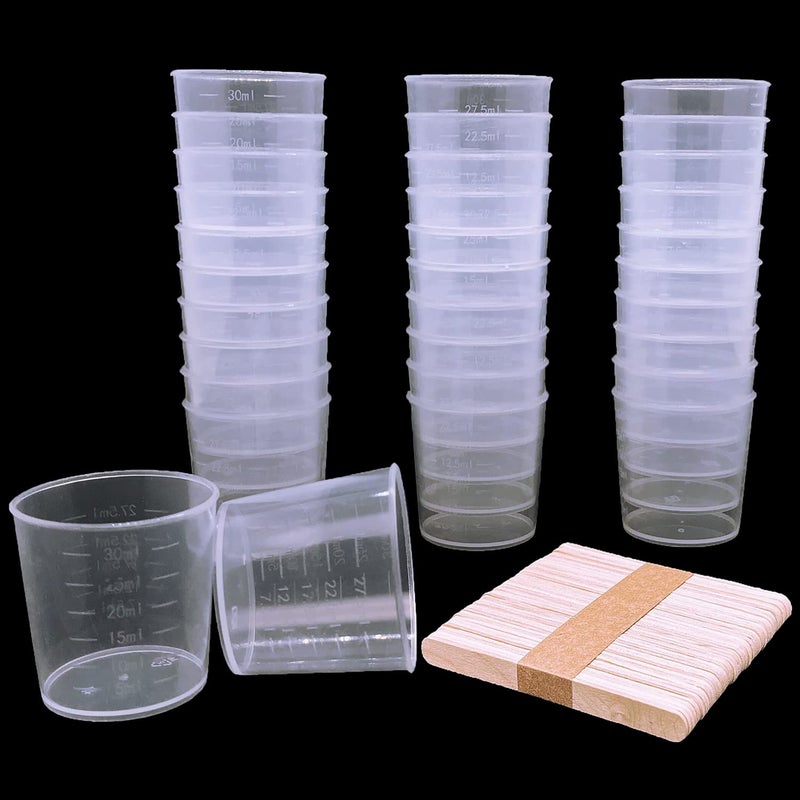 60 Pcs Plastic Graduated Cups 30ml1oz Clear Scale Cups with 50 Pcs Wooden Stirring Sticks for Epoxy Resin Stain Mixing Paint
