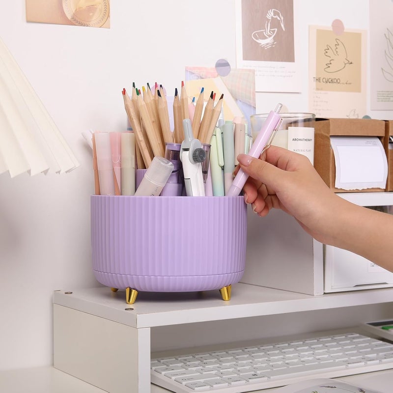 SKYDUE 360 Degree Rotating Desk Organizer, Minimalist Purple Pen Holder with 5 Slots, Office Supplies Organizer - Image 2