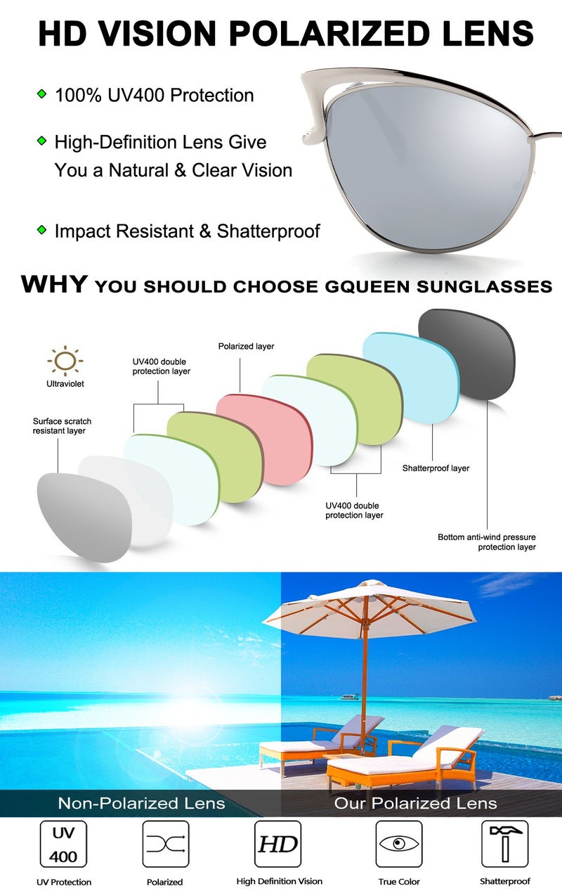 GQUEEN Women's Oversized Polarized Metal Frame Mirrored Cat Eye Sunglasses MT3 - Image 4