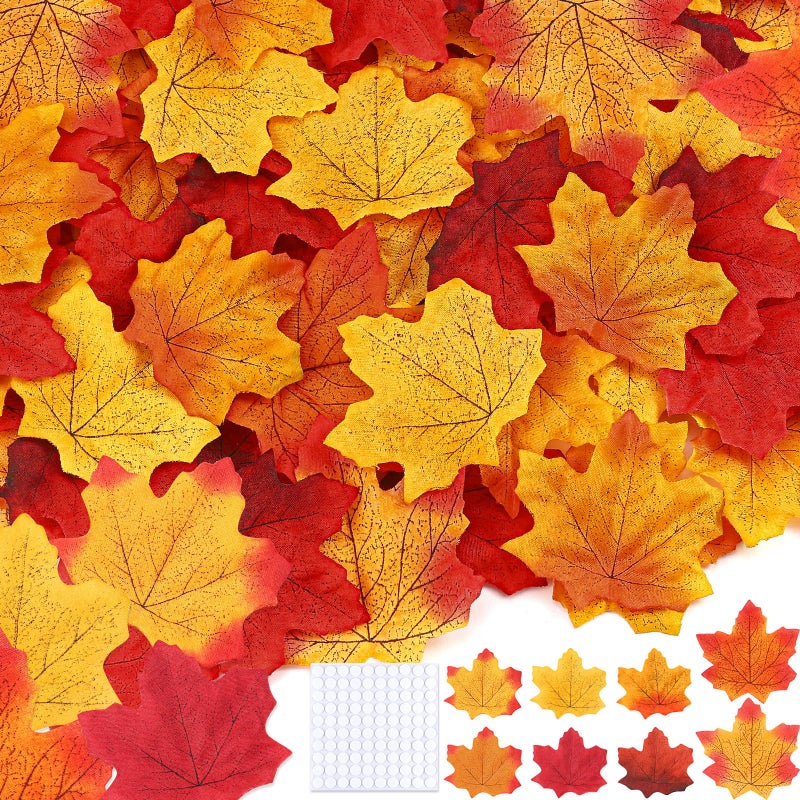 Gushu 300 Piece Fall Leaves Set 7 Colors Artificial Autumn Maple Leaf Decor with 100 Glue Dots Perfect for Wreath and Bouquet Making Weddings Halloween Thanksgiving Decoration
