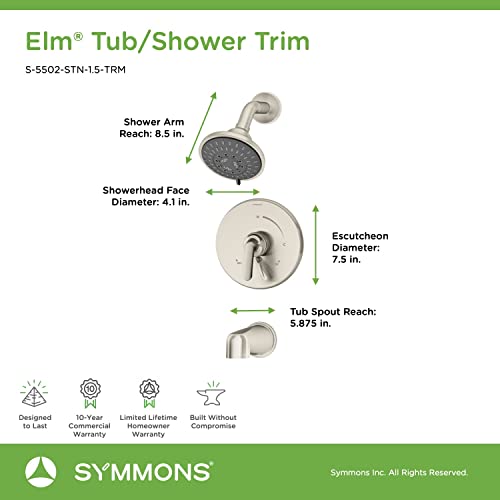 Symmons S5502STN15TRM Elm Single Handle 5Spray Tub and Shower Faucet Trim Satin Nickel 15 GPM Valve Not Included - Image 3