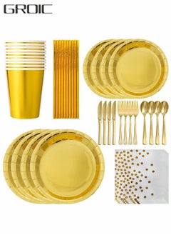 GROIC 200 Pcs Gold Dinnerware Set,Gold Dinner plate 100 Cups,100 Linen Like Napkins,Party Disposable Tableware,Party Supplies  - Image 1