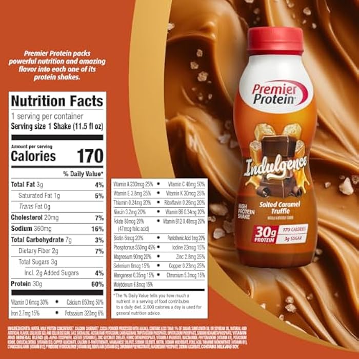 Premier Protein Shake INDULGENCE, Salted Caramel Truffle, 30g Protein, 170 Calories, 3g Sugar, 11.5 fl oz, 12 Pack (Packaging May Vary) - Image 5