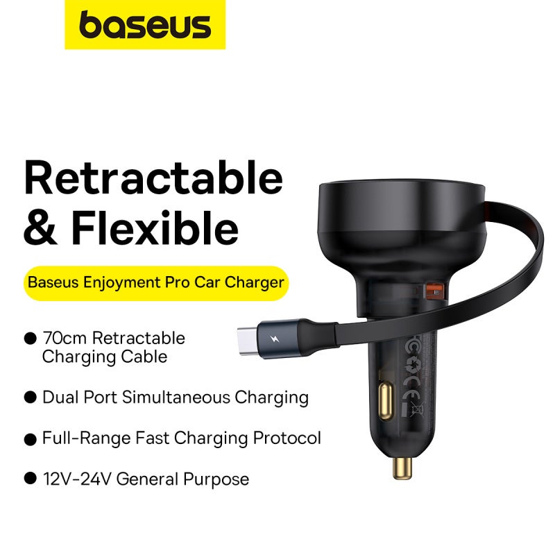 بيسوس شاحن سيارة 60 واط ثنائي المنافذ مع كابل Type-C قابل للسحب ومخرج USB لهواتف iPhone وسامسونج والأجهزة اللوحية وسماعات الأذن - ملحق شحن سريع للسيارة مع كابل بطول 70 سم للسفر في المركبات - Image 5