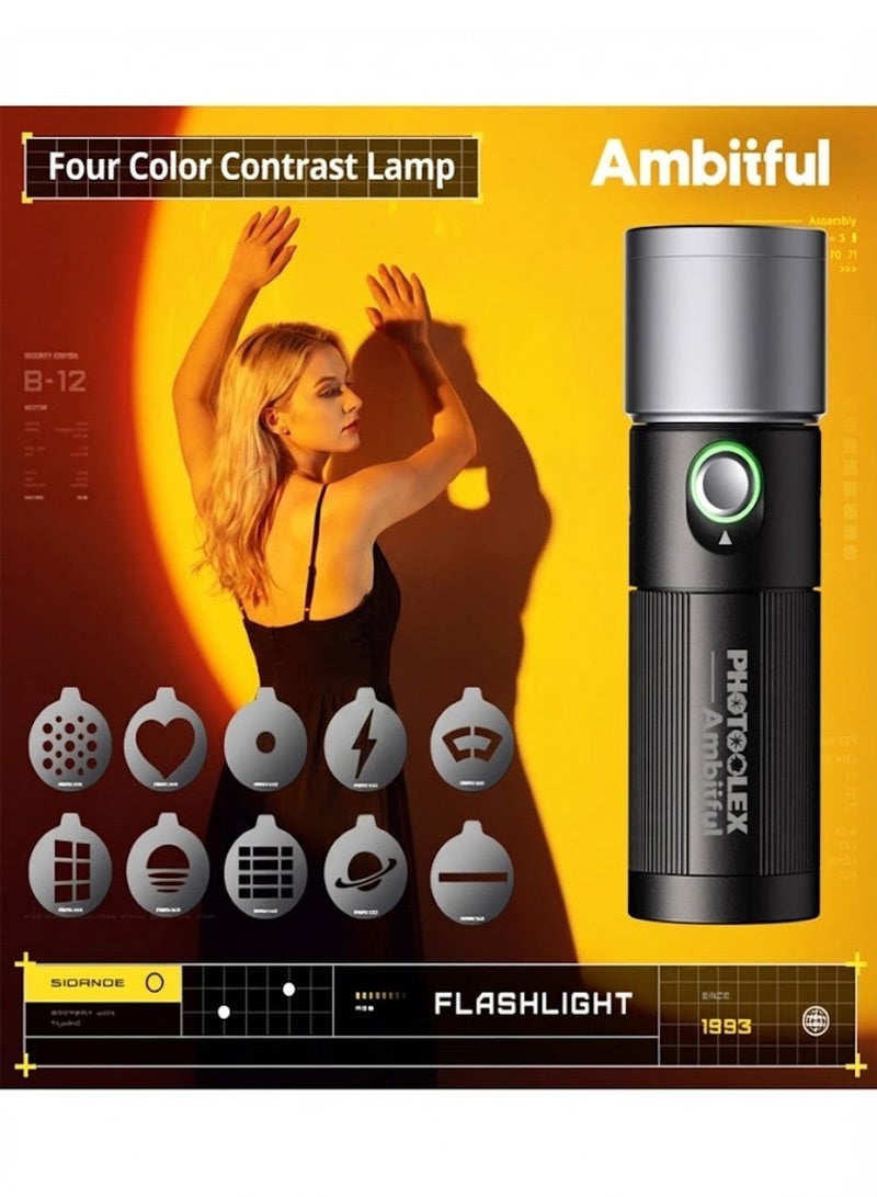 AMBITFUL Handheld LED Photography Flashlight with Optical Snoot, 10 Gobos & 4 Color Filters, 8400mAh Rechargeable Zoomable Spotlight, Aluminum Creative Projection Light for Video, Portrait, Sunset Effect (FL10W) - Image 1
