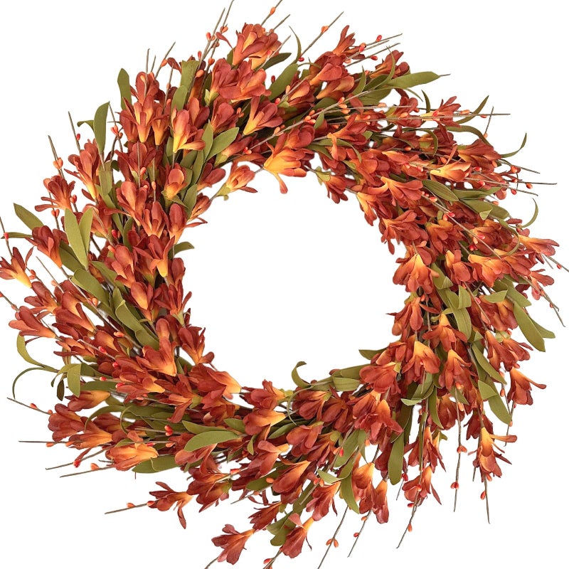 Bibelot 22inch Artificial Forsythia Flower Wreath Spring Summer Fall Wreath Silk Leaves Decoration for Front Door Porch Farmhouse Patio Garden Home Decor Orange