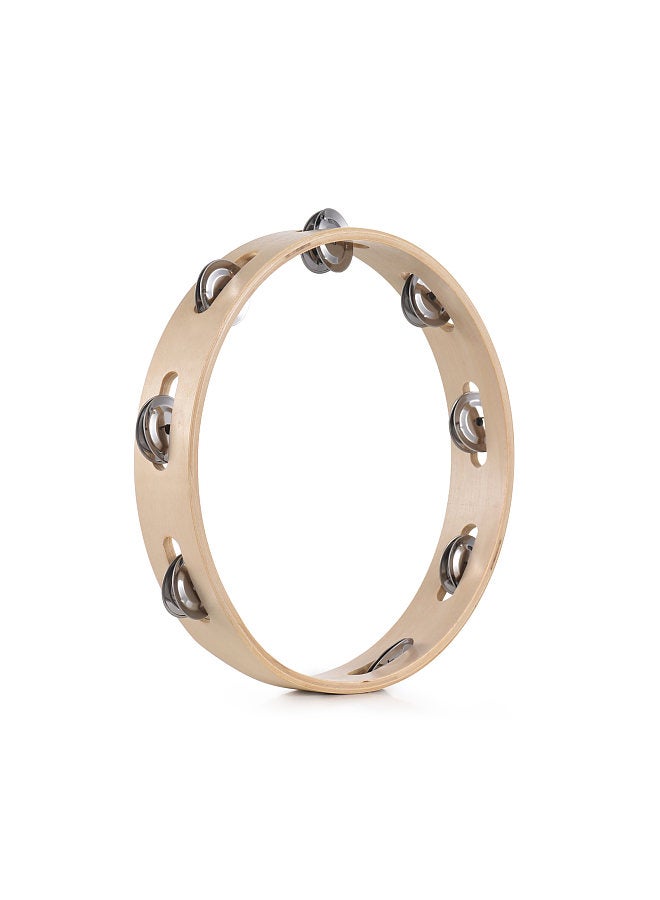 Generic 10 Inch Tambourine for Adults Pleasant Jingle Sound Hand Cranked Bell Rings Wooden Natural Color Metal Bell Sound Percussion Instruments  - Image 1
