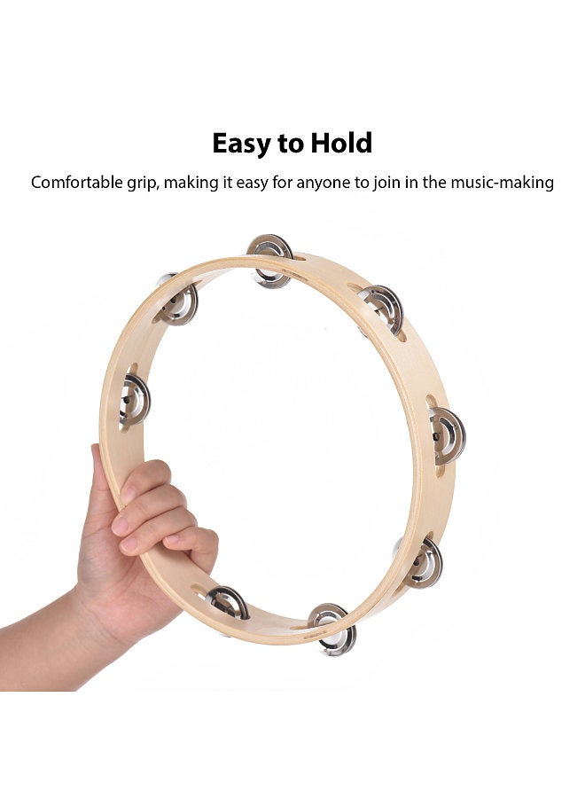 Generic 10 Inch Tambourine for Adults Pleasant Jingle Sound Hand Cranked Bell Rings Wooden Natural Color Metal Bell Sound Percussion Instruments  - Image 3