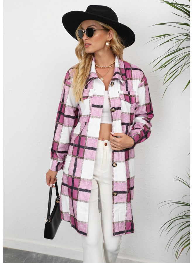 Autumn And Winter European And American Women's Clothing European Station Plaid Single-breasted Lapel Long Sleeve Coat