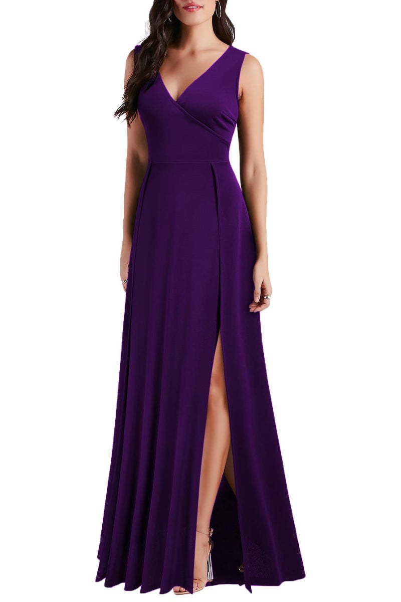 MUSHARE Women's V Neck Sleeveless Split Formal Dress Cocktail Party Prom Long Dresses Purple - Image 3