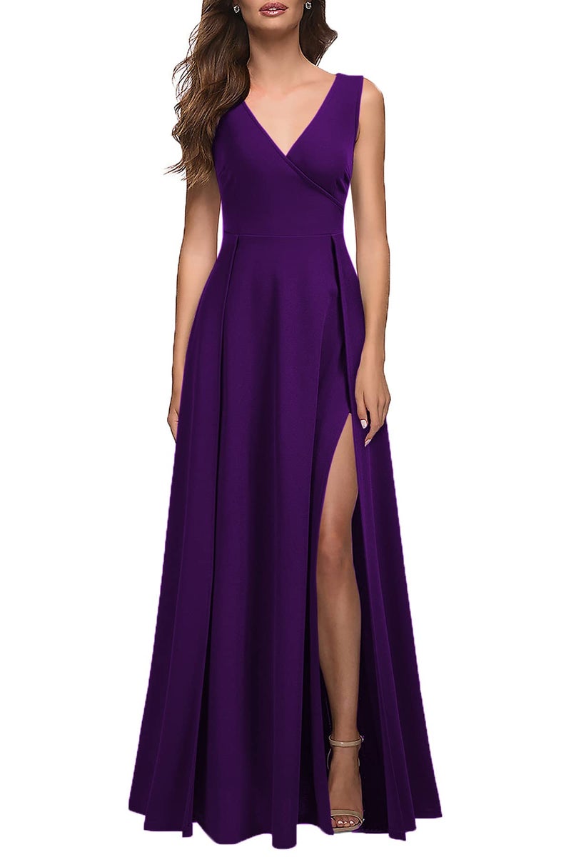 MUSHARE Women's V Neck Sleeveless Split Formal Dress Cocktail Party Prom Long Dresses Purple - Image 1