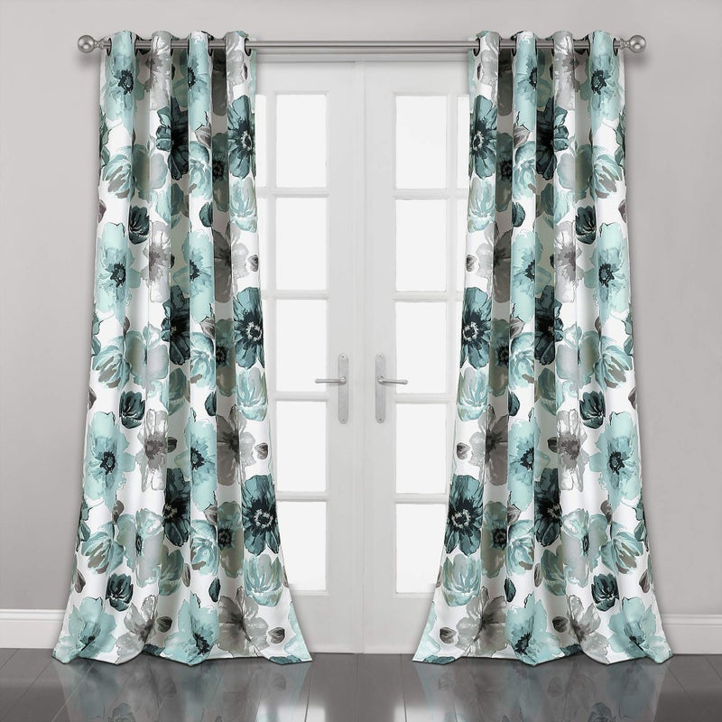 Lush Decor Leah Light Filtering Window Curtain Panels Pair 52 W x 95 L Blue  Floral Curtains  Colorful Spring Watercolor Flowers  Long Curtains for Bedroom Living Room  Dining Room