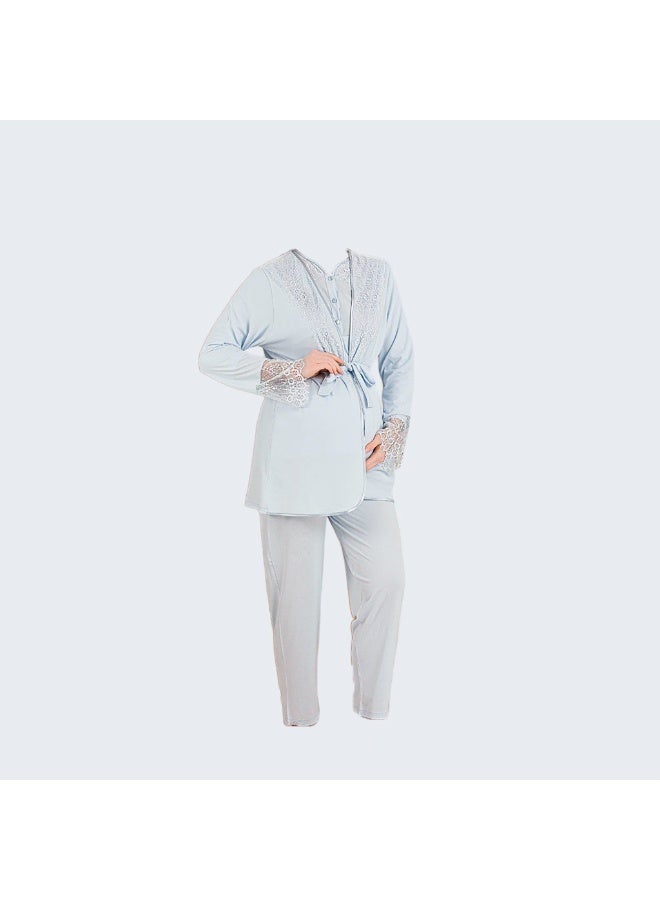 Women's Maternity & Nursing 3-Piece Pajama Set with Robe - Cotton Viscose Blend - Adjustable Waistband - Breastfeeding Buttons - Made in Turkey - Image 1