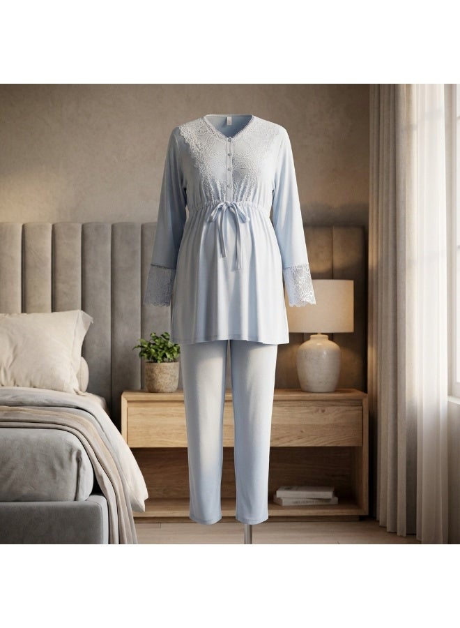 Women's Maternity & Nursing 3-Piece Pajama Set with Robe - Cotton Viscose Blend - Adjustable Waistband - Breastfeeding Buttons - Made in Turkey - Image 3