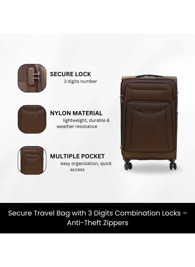 جيوردانو GIORDANO Casablanca Series Check-In Large Suitcase Brown, Soft Nylon Lightweight Durable Expandable 4 Wheels Luggage Trolley Bag 28" With Secure 3 Digit Number Lock.