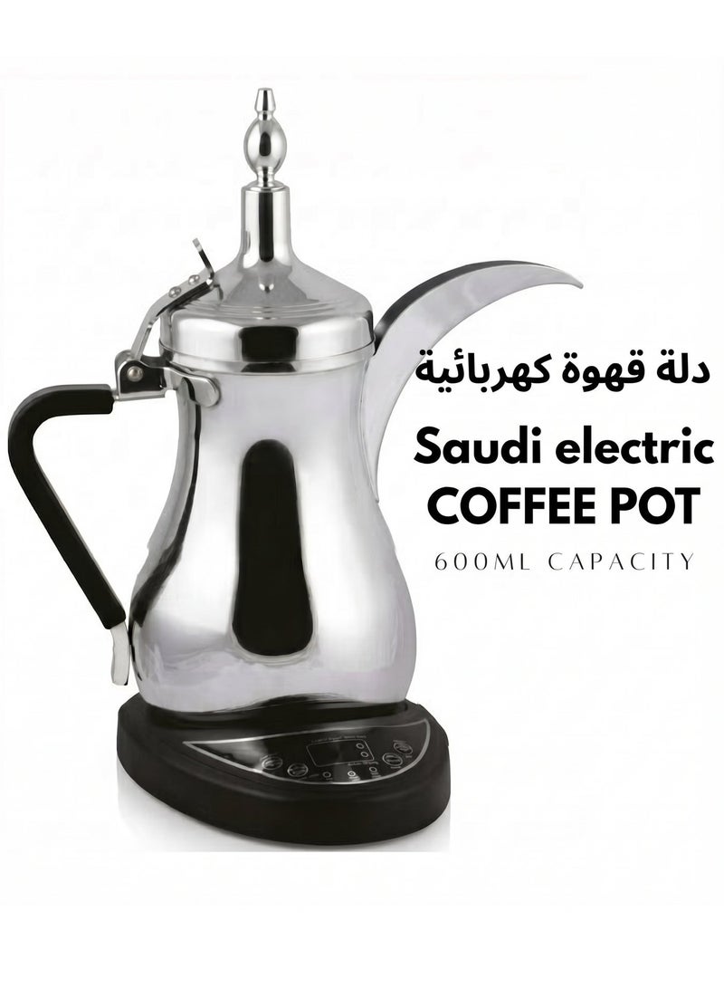 دينكس دلة قهوة سعودية كهربائية سعة 600 مل  –من الستانلس ستيل، تحكم دقيق في درجة الحرارة، مؤشر ضوئي,ماكينة صنع القهوة العربية الكهربائية 1لتر,فضي - Image 3