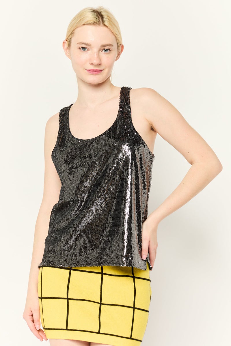 ESPRIT Women Scoop Neck Sleeveless Sequined Tank Top, Black - Image 1