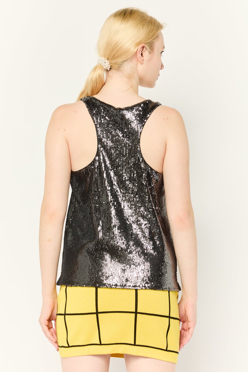 ESPRIT Women Scoop Neck Sleeveless Sequined Tank Top, Black - Image 4