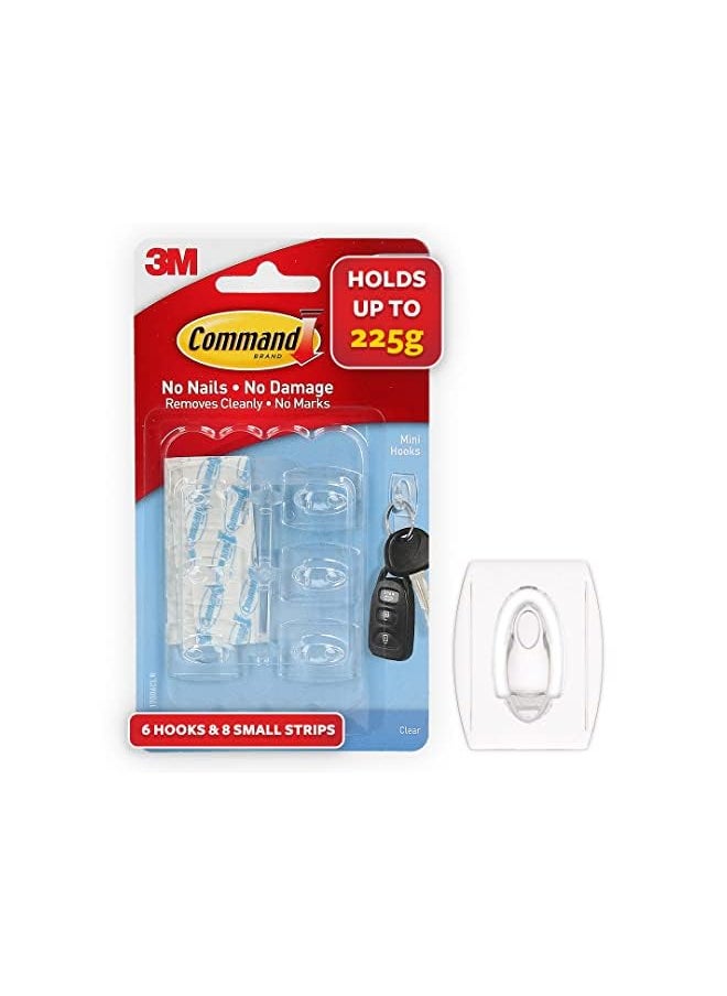 Command - 17006ClrEs Hooks With Strips Mini Holds 225 Gr. Each Hook Clear Color. 6 Hooks And 8 Strips/Pack - Image 1