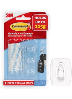 Command 17006ClrEs Hooks With Strips Mini Holds 225 Gr. Each Hook Clear Color. 6 Hooks And 8 Strips/Pack  - Image 1