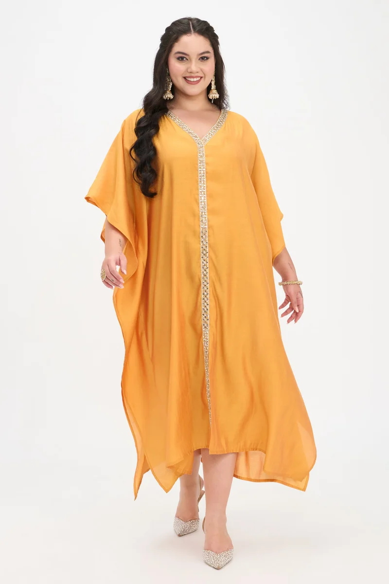 فيرجيو Solid Viscose Kaftan Maxi Plus Size Dress With Lace for Women