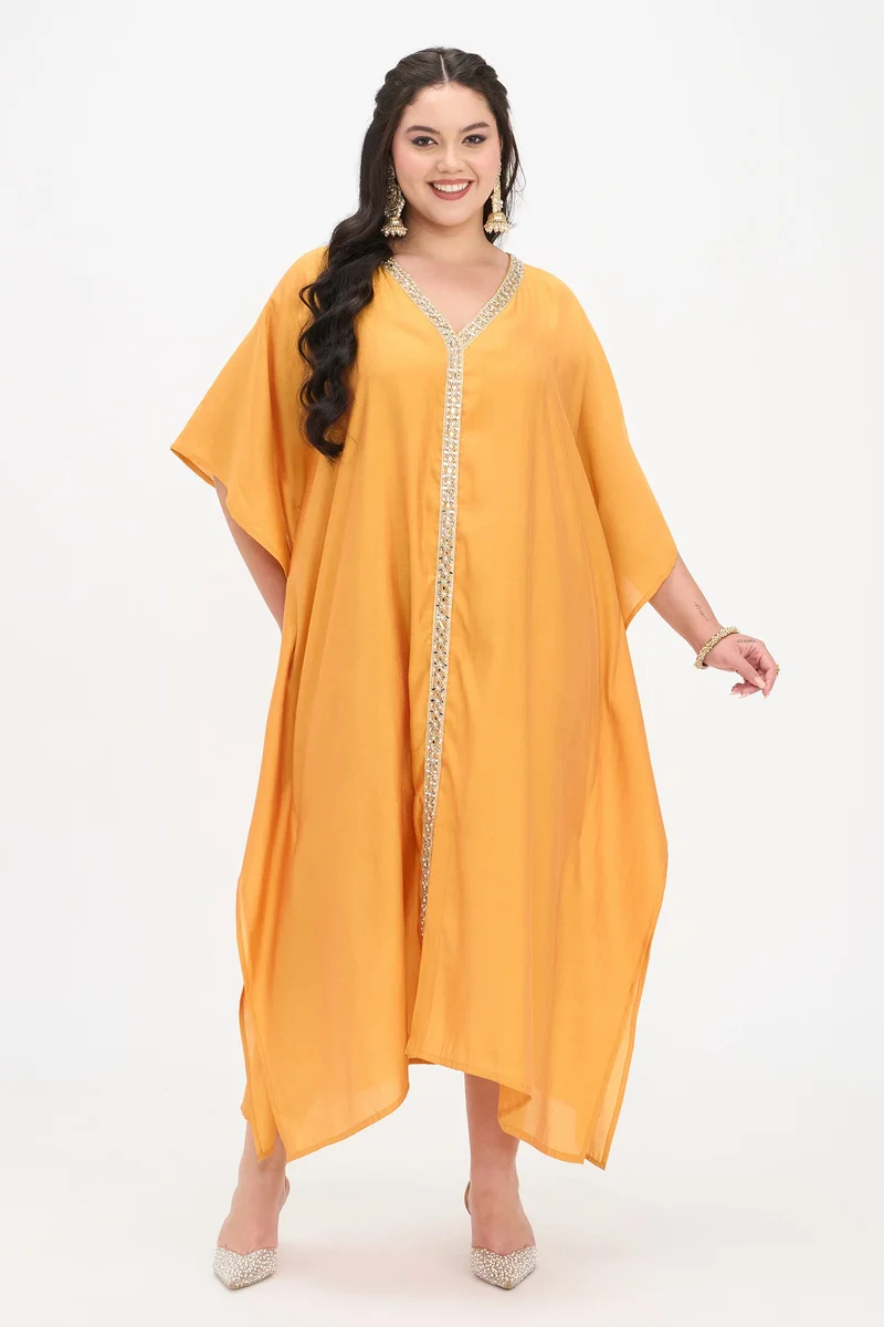 فيرجيو Solid Viscose Kaftan Maxi Plus Size Dress With Lace for Women