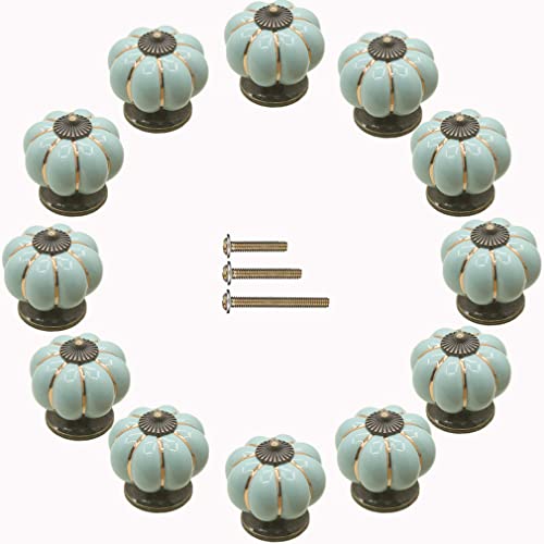 ESreake Yusheng 12 Pack Vintage Ceramic Pumpkin Cabinet Knobs, Kitchen Cabinet Drawers Dresser Cupboard Pull Handles Door Pulls with 3 Kinds of Screws (12 Pack, Sky Blue) - Image 1