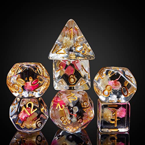 cusdie مجموعة نرد كوسدي 7Die DND متعددة الأوجه مليئة بالزهور للعب الأدوار نرد DD وردي أبيض بأرقام ذهبية - Image 1