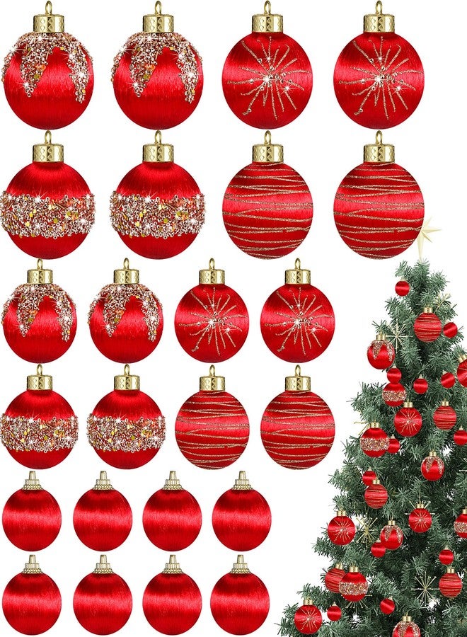Poen مجموعة زينة كرات عيد الميلاد من بوين، 24 قطعة، 3 أحجام، مصنوعة من حرير الساتان، زينة كرات معلقة فاخرة غير قابلة للكسر، لتزيين شجرة عيد الميلاد وحفلات الزفاف (أحمر). - Image 1