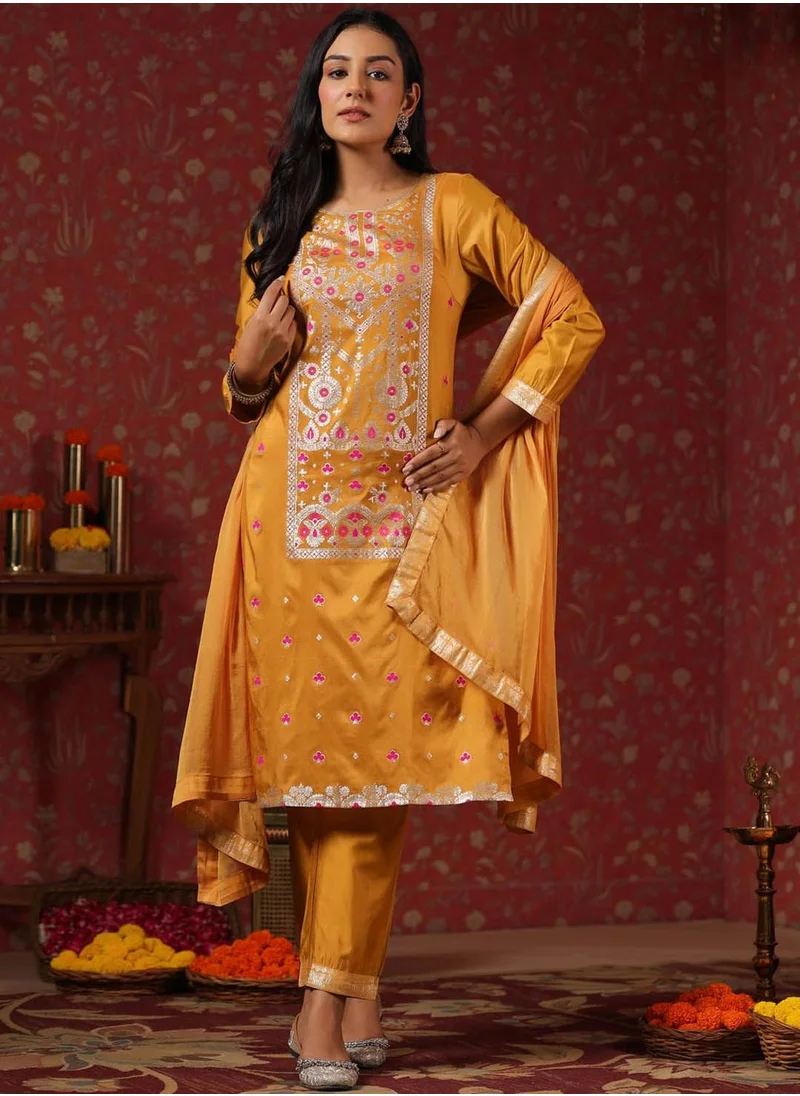 آي شين Women's Ethnic Wear's MUSTARD STRAIGHT POLY SILK Kurta Set with Dupatta