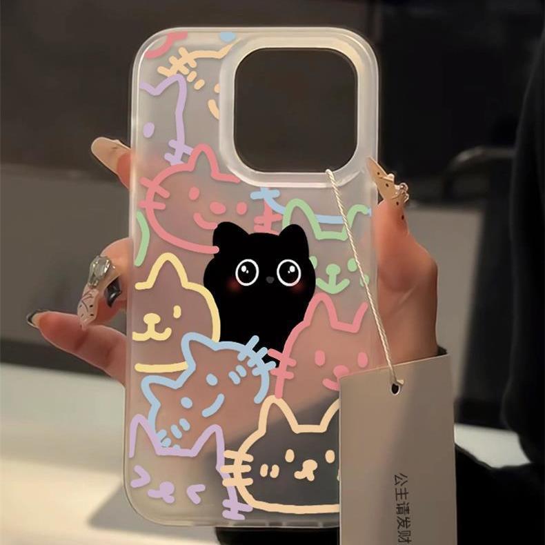 Color line black cat for iPhone16/14/13 phone case 12promax soft 78 cartoon xs apple 15xr - Image 2