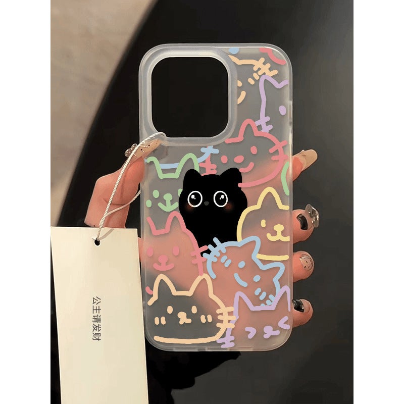 Color line black cat for iPhone16/14/13 phone case 12promax soft 78 cartoon xs apple 15xr - Image 1