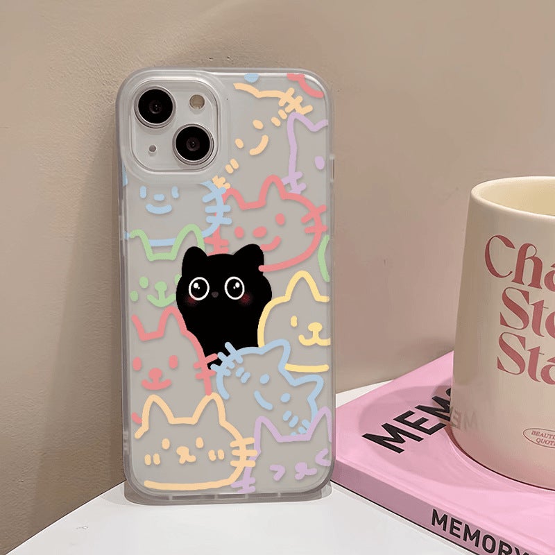 Color line black cat for iPhone16/14/13 phone case 12promax soft 78 cartoon xs apple 15xr - Image 4