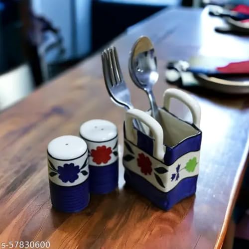 KITTENS ‘Garden Bloom’ Handpainted Ceramic Salt & Pepper Shaker Set with Cutlery Holder – Multicolour Floral Pattern – Set of 3 – Food Grade Tableware – Ideal for Dining Table, Kitchen & Gifting - Image 3