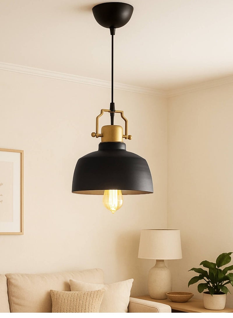 Black Single Metal Pendant Light with Gold Detail - Image 2
