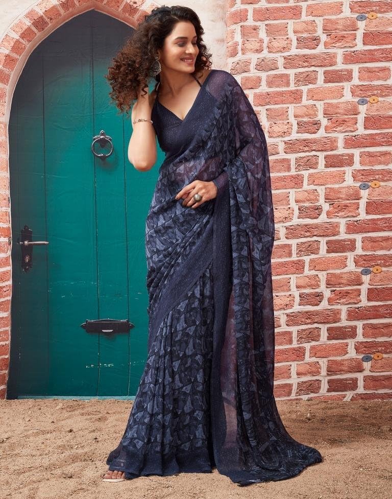 Shiv Textiles Women's Georgette Printed Saree(519S103_Blue) - Image 3