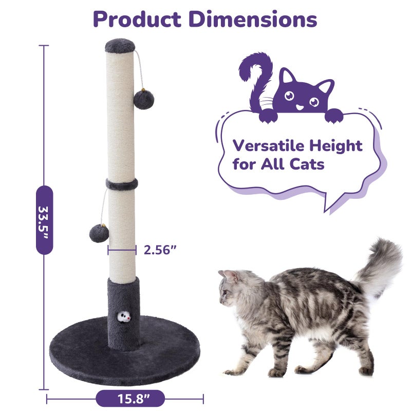 Woochpet 33'' Tall Cat Scratching Post for Adults Cats, Sturdy Large Scratch Pole with Hanging Ball with Fun Mouse Hole, Scratching Posts for Indoor with Durable Natural Sisal Rope (Darkgrey) - Image 2