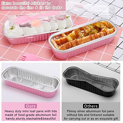 ylnurac 100Pack Pink Mini Cake Pans with Lids Mini Loaf Pans and Spoons and Stickers, 6.8Oz Aluminum Foil Pans Tins, Individual Dessert Cups Containers for Sales,Party,Picnic - Image 2