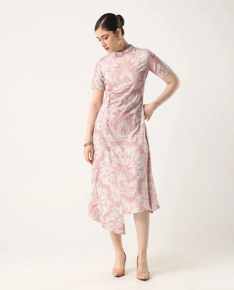 Rareism Rareism Women's Xem Light Multi Satin Fabric High Neck Zipper Closure Half Sleeve Paisley Print Straight Fit Midi Dress