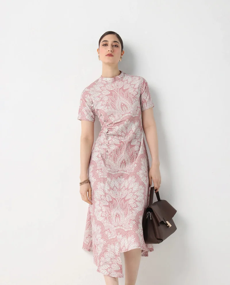 Rareism Rareism Women's Xem Light Multi Satin Fabric High Neck Zipper Closure Half Sleeve Paisley Print Straight Fit Midi Dress