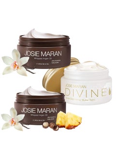 josie maran Josie Maran Whipped Argan Oil Body Butter & Divine Drip Honey Butter Balm Trio - 3-Piece Body Butter Gift Set with Skin Firming Creams in Blissful Beach, Golden Vanilla & Honey Fig (3 Piece Set) 