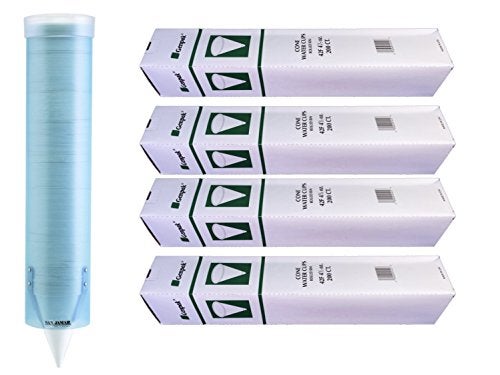 Genpak MC Distributors Cone Cup & Dispenser Bundle - Genpak Compostable 4.5 oz. Paper Cone Water Cup 4-Pack & San Jamar C3165FBL Wall Mount Dispenser Tube - Image 1