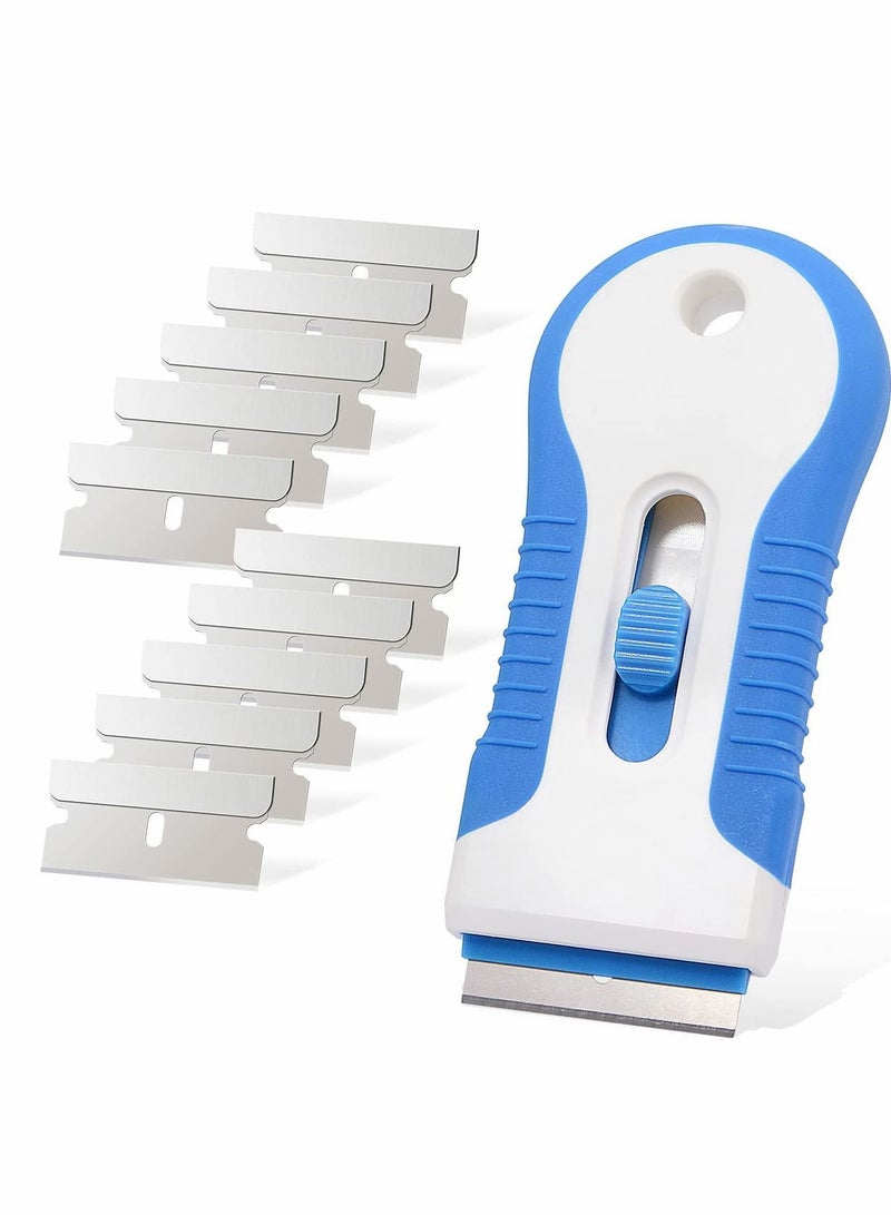 Ceramic Scraper, Car Sticker Remover Glass Stove Top Razor Label,Glue,Paint,Adhesive Tool + 10pcs Stainless Steel Blades (Blue) - Image 1