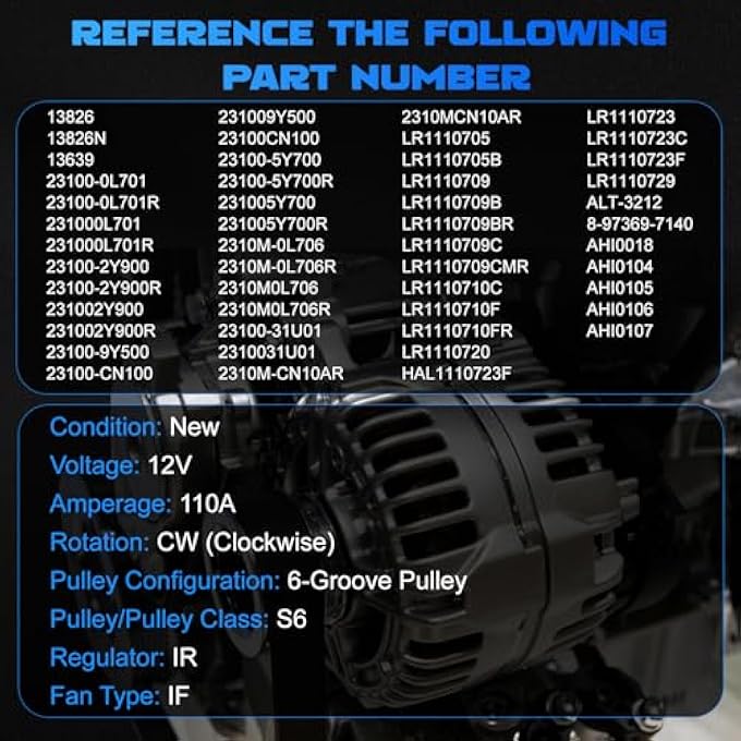 YOMALL Alternator 13826 110Amp 6PK for 1998-2000 I30 3.0L, for 1995-2000 Maxima 3.0L & 2002-2003 Maxima 3.5L, for 2002-2004 I35 3.5L, for 2003-2007 Murano 3.5L Vehicle Alternator 13826N 23100-0L701 - Image 3