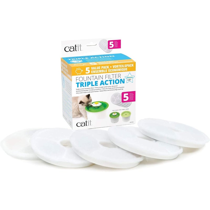 Catit Triple Action Replacement Original Water Fountain Filters, 5 Pack â€“ Official Replacement Filters for Catit Cat Drinking Water Fountains - Image 1