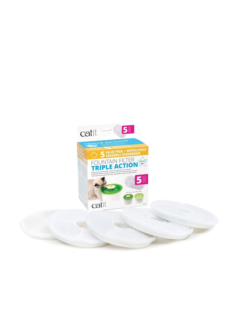 Catit Catit Triple Action Replacement Original Water Fountain Filters, 5 Pack – Official Replacement Filters for Catit Cat Drinking Water Fountains  - Image 1