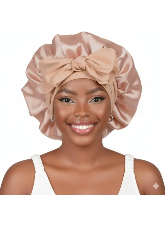 طقم واحد من قبعات الشعر العريضة ذات الأربطة - قبعة نوم حريرية، قبعة مستديرة مزينة بفيونكة، مقاس كبير جدًا، منتجات العناية بالشعر المجعد مع أربطة للنساء والفتيات (ذهبي وردي) - Image 1