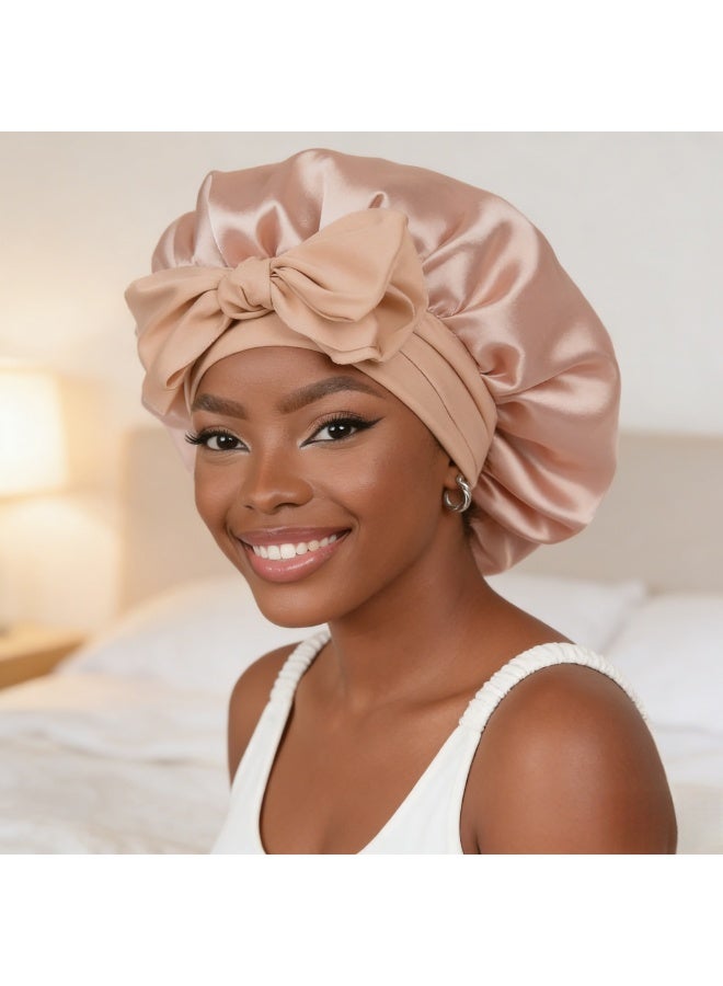 طقم واحد من قبعات الشعر العريضة ذات الأربطة - قبعة نوم حريرية، قبعة مستديرة مزينة بفيونكة، مقاس كبير جدًا، منتجات العناية بالشعر المجعد مع أربطة للنساء والفتيات (ذهبي وردي) - Image 2
