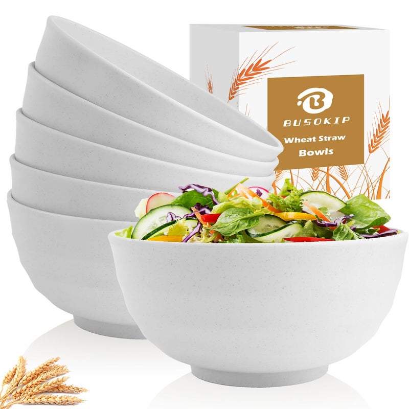 BUSOKIP 60 OZ Wheat Straw Bowls, Large Popcorn Bowl Sets of 6, Unbreakable Large Serving Bowls for Kitchen, Microwave and Dishwasher Safe Big bowl for Eating, Soup, Ramen, Cereal- White - Image 1